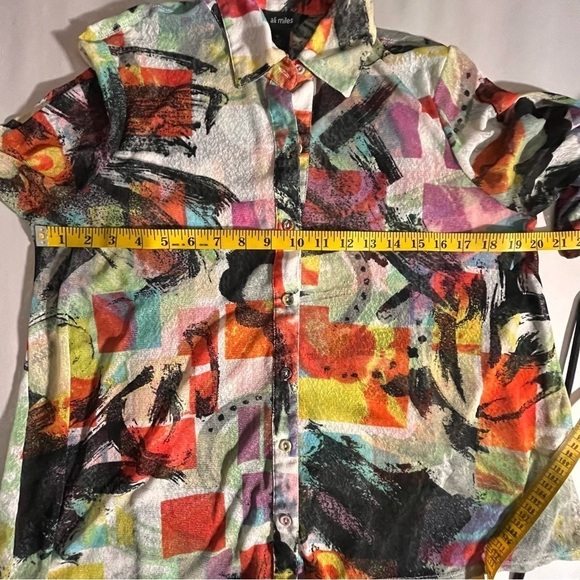 Ali Miles gauzy sheer artsy geometric button down colorful blouse LP - Picture 4 of 10
